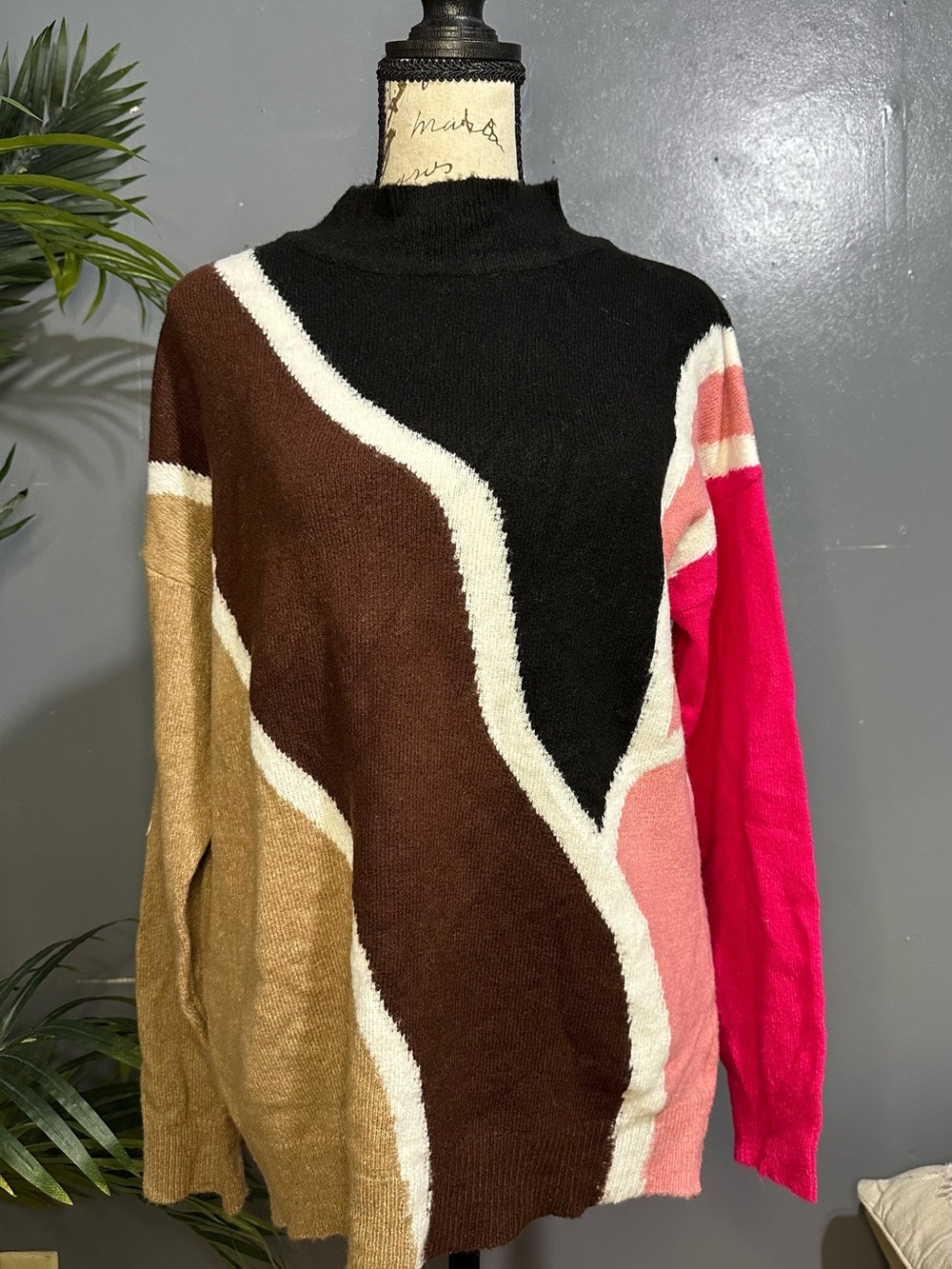 Colorblock Wave Knit Sweater - Pink, Brown, Black